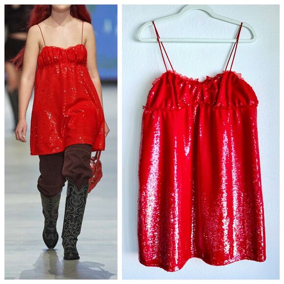 NWT GANNI Ruffle-Trimmed Sequined Crepe Mini Babydoll Dress in Red Sz 40 (US 8) - Picture 1 of 15